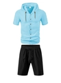 Men's summer linen set with light blue hooded short sleeve shirt and black drawstring shorts - Blue + Black