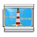 Italian modular charm in silver finish with blue lighthouse and MOIN MOIN text - ICJ303/Moin Moin Lighthouse