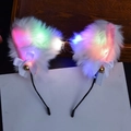 White plush cat ear headband with colorful LED lights, white bows and gold bells - Bell Headband / White + Colorful Light