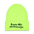Detail of black embroidered No Matter text on neon green knitted beanie hat fold - M (56-58cm) / Neon Yellow