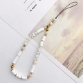 Handmade LOVE beaded phone strap with white heishi beads and gold accents charm - Clearance / White