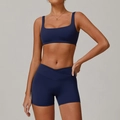 Navy blue two-piece yoga set featuring square neck sports bra and cross waist shorts - S / Tank Top + Shorts / Navy Blue
