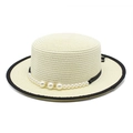 Elegant wide brim boater straw hat with black piping and pearl band embellishments - M (56-58cm) / Creamy White