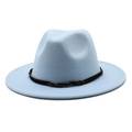 Close-up of light blue fedora hat featuring a black braided leather band detail - Sky Blue