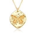 Macro detail of golden butterfly embossed pendant necklace with hammered texture - E361/Gold Disc Butterfly