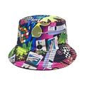 Retro 80s pop culture graffiti bucket hat with vintage camera and cassette tape pattern - M (56-58cm) / 80s Retro Print/Black (Reversible)