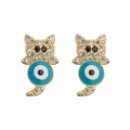 18K gold plated cat stud earrings with blue evil eye design and cubic zirconia - 42091-Cat Blue Evil Eye