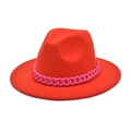 Detail of red wool fedora hat featuring a pink acrylic chain band and soft felt texture - M (56-58cm) / Red with Pink Chain