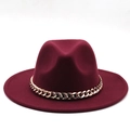 Detail of burgundy wool fedora hat featuring a stylish thick gold metal chain band - Burgundy