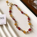 Collier artisanal en perles fleuries avec perles facettées rouges et chaîne dorée - Style Forme de Fleur Ambre Rouge Jaune (78# Collier-Or-Multicolore)