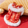 Festive red cat Tang suit vest with golden floral patterns and white faux fur trim - XS / Red