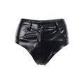 Dettaglio degli shorts a vita alta neri in ecopelle con cerniera e chiusura a bottone - S / Nero