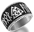 Macro shot of Viking Valknut ring with Norse runes and relief texture on stainless steel - US Size 7 / Valknut Runes Silver Black (20304)