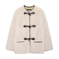 Detail of beige faux fur coat with leather trim and dark horn button closures - XS / Milky White