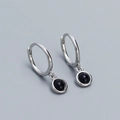 Minimalist S925 sterling silver hoop earrings with circular black onyx stone pendants - 925 Silver / Platinum (Black Agate)