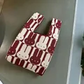 Knitted handbag in wine red and white with all-over rabbit pattern and top handle - Full Print Rabbit (Cartoon Rabbit)