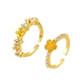 Adjustable gold flower ring set with yellow petals, pearls and crystals for women - 2Pcs Set Flower Open Rings (14k Light Gold 8224+8295)