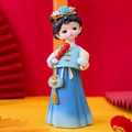 Traditional Chinese girl resin figurine in blue Hanfu with tanghulu and rabbit decor - Large Figurine with Candied Haws (B143)
