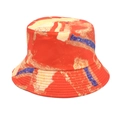 Detailed view of red canvas bucket hat with yellow and blue graffiti tie-dye patterns - M / Red