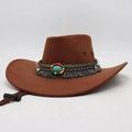 Brown wide-brim western cowboy hat with ethnic beads, turquoise stone and fringe detail - M One Size / Brown