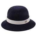 Women's deep blue chenille cloche hat with white ribbon and metallic M accessory - M(56-58cm) / Navy Blue