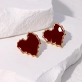 Irregular golden jagged edge heart stud earrings with red enamel on stone surface - Red And Gold Contrast Jagged Edge Style / Burgundy