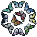 Detail view of ten colorful embroidered butterfly patches arranged on a white background - New 10 Colors / Large / With Adhesive / Multicolor