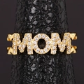 Detailed macro view of gold plated MOM letter ring with pavé cubic zirconia setting - Adjustable Open / Gold (MOM Style)
