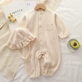 Beige cotton gauze infant romper set with long sleeves and matching ruffled bonnet - Beige / 66CM