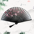 Traditional Chinese folding fan with gradient gray-black cherry blossom design and tassel - Pleasant Flower Rhythm - Black