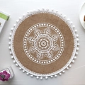 Round jute placemat with white mandala pattern and pom pom tassel fringe border - Type N White Pom-poms