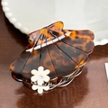 Amber tortoiseshell acetate hair claw clip with white flowers and small diamond accent - Coffee Tortoiseshell-9cm