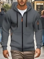 Detail of grey zip-up hoodie featuring a bright orange zipper pull and a functional sleeve pocket - S / Dark Gray