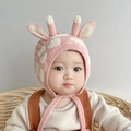 Pink and white knit giraffe baby hat with cute 3D ears, antlers, and chin straps - Pink Sika Deer