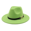 Detail of bright green wool fedora with black textured band and golden chain buckle - Fruit Green