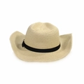 Close-up of the beige woven texture and black ribbon band on a cowboy straw hat - 58cm (One Size) / Off White