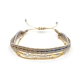 Multilayer bohemian Miyuki bead and woven strap bracelet with gold chain accents - Beige Grey Cord + Grey Small Beads