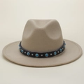 Close-up of khaki fedora hat with ethnic turquoise stones and silver rivets decoration - M (56-58cm) / Apricot