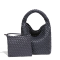 Dark graphite grey woven leather tote bag set with matching square zipper pouch - Dark Gray