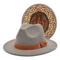 Detail of grey wool fedora hat featuring brown leather band and leopard print underbrim - M (56-58cm) / Light Gray