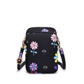 Mini black canvas crossbody phone bag with floral dandelion print and dual zippers - Black (Floral Pattern)