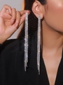 Elegant long silver tassel earrings with sparkling rhinestones worn by a model - Silver High-Density Rhinestone Long Tassel Earrings DTE1816365S-W