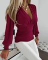 Detail of ruched waist design on wine red V-neck long sleeve blouse for women - S / Burgundy