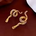 Golden snake earrings with sparkling white crystals and red gem eyes on brown velvet - 38# Pavé Snake Earrings - Gold