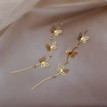 Gold butterfly tassel earrings with sparkling rhinestones on soft satin fabric - E0395 Gold Butterfly Full Rhinestone Tassel