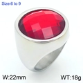 Chunky 22mm wide stainless steel ring featuring a large red oval gemstone in silver finish - Steel + Red Faceted Stone (KR110692-K)