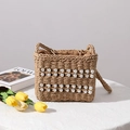 Square woven straw crossbody bag with pearl accents and drawstring closure for beach - Pearl Decoration / Brown
