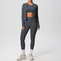 Three-piece dark grey workout set with slim-fit zipper jacket, sports bra, and leggings - Graphite Grey