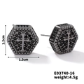 Unisex black hexagonal stud earrings with cross motif and black cubic zirconia stones - Hexagon Cross(E03740-16)