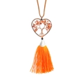 Detailed view of handmade Tree of Life heart pendant with orange stones and long silk fringe - Red Agate
